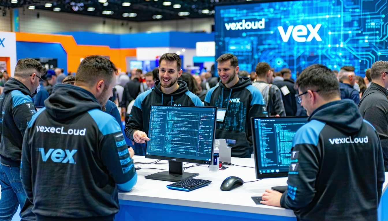 A vibrant exhibition hall filled with attendees bustling with activity and excitement Brightly colored booth displays showcasing the latest in cybersecurity technology prominently featuring the VexVexCloud tools Employees in matching branded hoodies-2