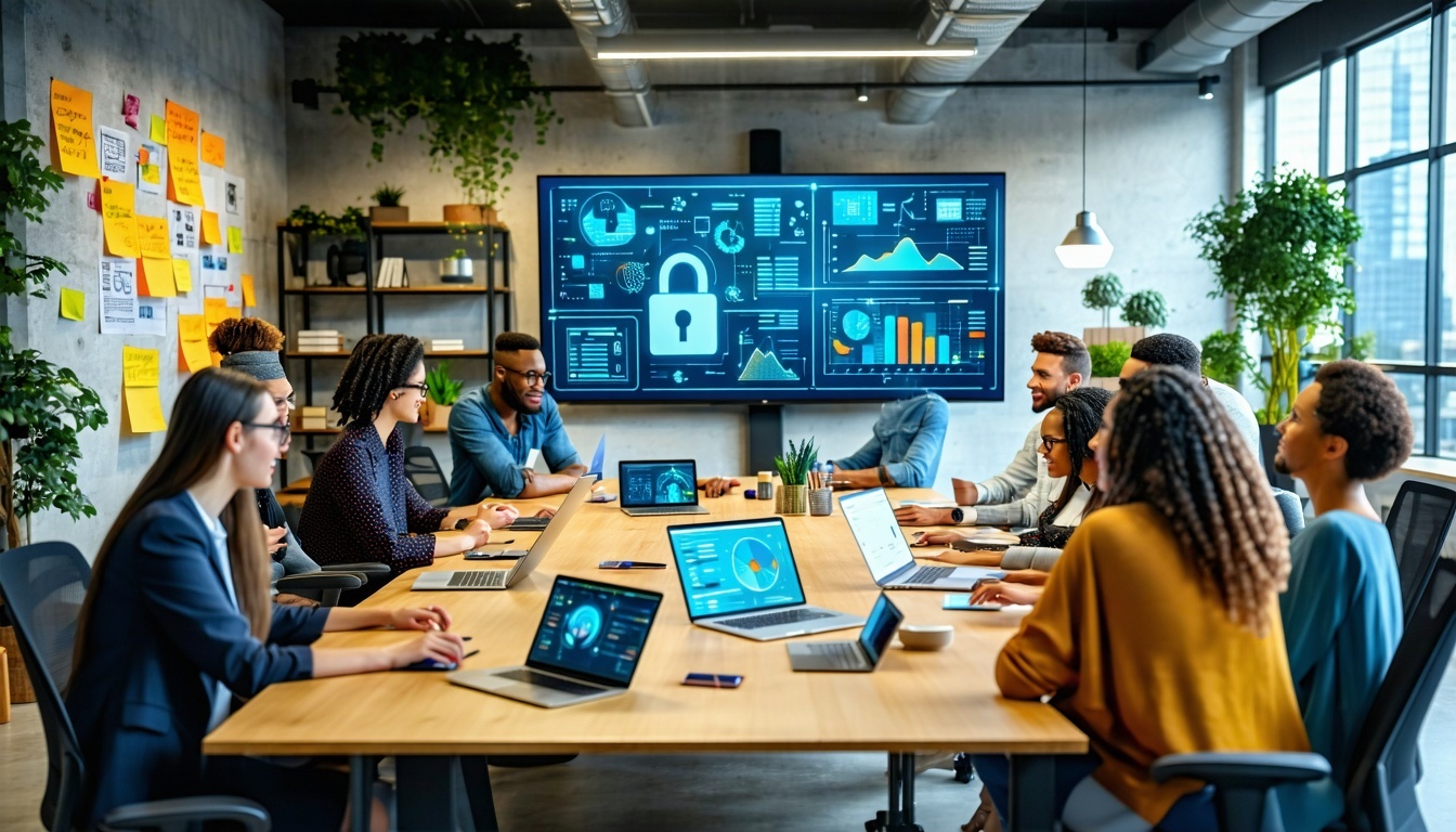 The image features a modern office workspace filled with technology and securitythemed decor In the foreground a diverse group of employees is engaged in a lively discussion around a conference table equipped with laptops and digital devices displayi